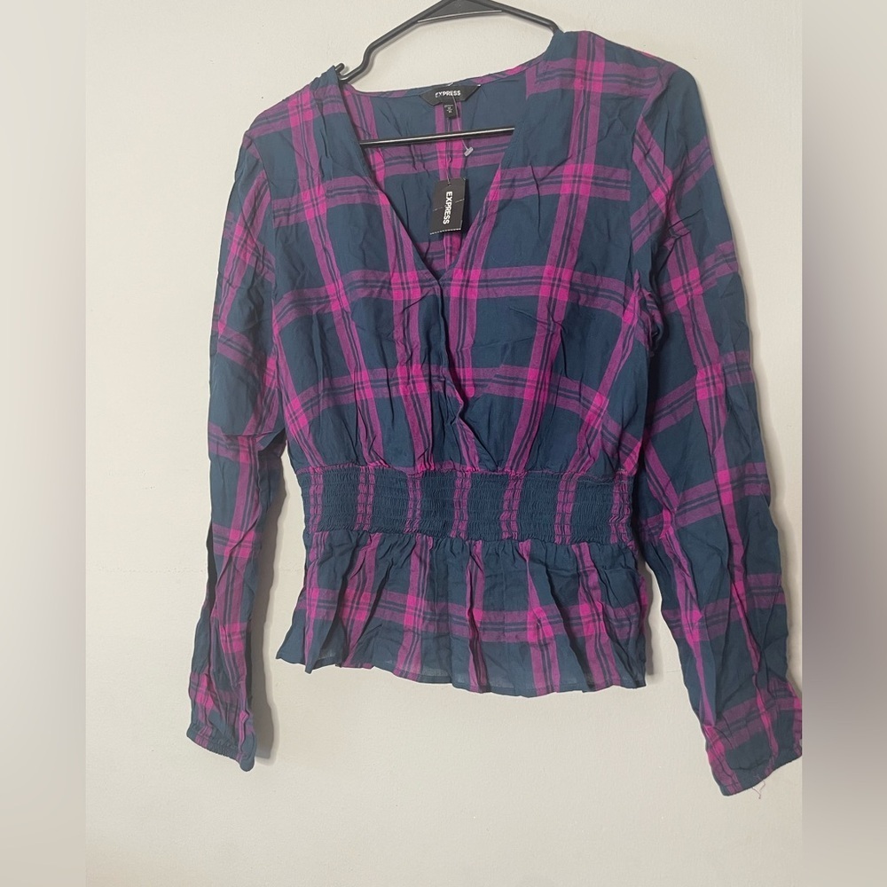 Express Pink and Blue Plaid Blouse Size M